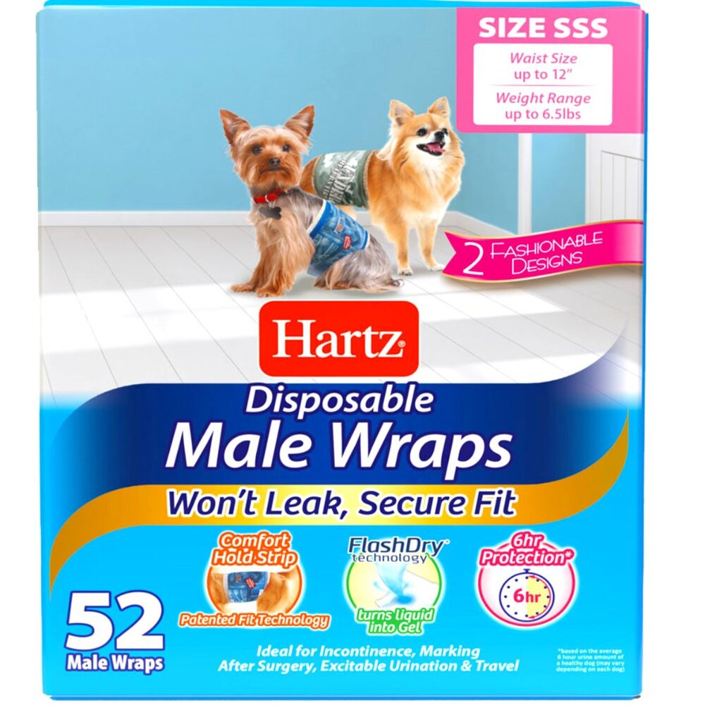 NWT ~ Hartz Stretchy Waistband 52 Disposable Male Dog Wraps, (Size:  SSS)